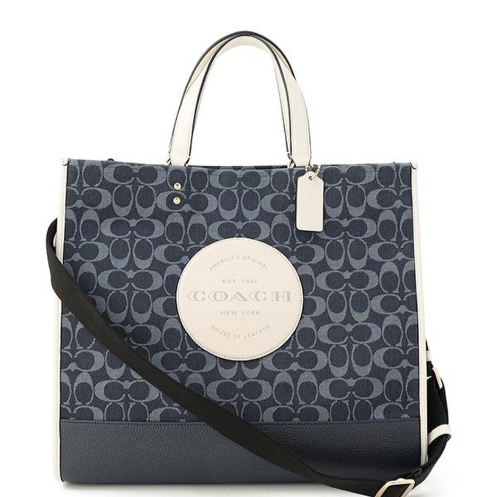 Coach Dark Blue Denim Tote Bag With White Coach Leather Emblem - Picture 2 of 6